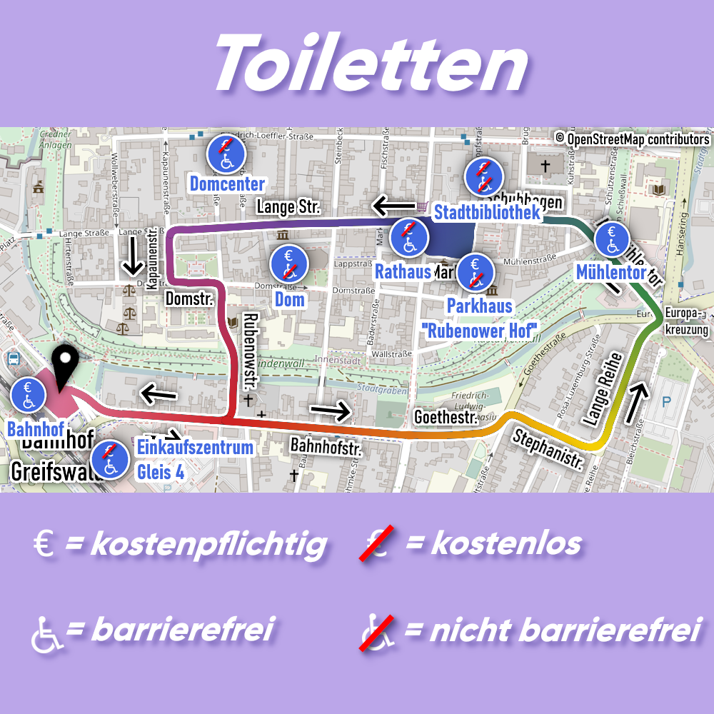 Im oberen Teil des Bildes steht auf lilanem Hintergrund in weißer Schrift "Toiletten".

Im mittleren Teil des Bildes ist eine Karte von der Greifswalder Innenstadt abgebildet. Der Routenverlauf wird in Regenbogenfarben dargestellt. Die Standorte der Toilette werden mit einem blauen Kreis mit weißer Umrandung dargestellt. Jeder blaue Kreis enthält ein Euro-Symbol und ein Rollstuhl-Symbol, welches ggf. rot durchgestrichen ist. Zudem wird der Standort der Toiletten in blauer Schrift mit weißer Umrandung benannt. Folgende Toiletten existieren entlang der Route, sortiert vom Beginn zum Ende der Route: Bahnhof (kostenpflichtig, barrierefrei), Einkaufszentrum Gleis 4 (kostenlos, barrierefrei), Mühlentor (kostenpflichtig, barrierefrei), Stadtbibliothek (kostenlos, nicht barrierefrei), Parkhaus "Rubenower Hof" (kostenpflichtig, nicht barrierefrei), Rathaus (kostenlos, barrierefrei), Dom (kostenpflichtig, nicht barrierefrei) sowie am Domcenter (kostenlos, barrierefrei).

Der untere Teil des Bildes hat einen lilalen Hintergrund. Im linken oberen Teil ist ein weißes Euro-Zeichen abgebildet. Rechts daneben steht in weißer Schrift "= kostenpflichtig". Im linken unteren Teil ist ein weißes Rollstuhl-Symbol abgebildet. Rechts daneben steht in weißer Schrift "= barrierefrei". Im rechten oberen Teil ist ein weißes Euro-Zeichen abgebildet, welches schräg rot durchgestrichen wurde. Rechts daneben steht in weißer Schrift "= kostenlos". Im rechten unteren Teil ist ein weißes Rollstuhl-Symbol abgebeildet. Rechts daneben steht in weißer Schrift "= nicht barrierefrei".
